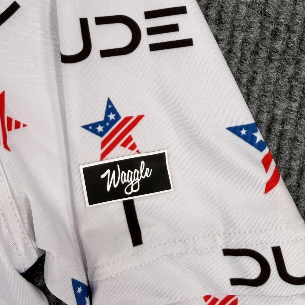 Waggle Polo Shirt Mens XL White USA Flag DUDE Print Golf Stretch Performance - Picture 4 of 9